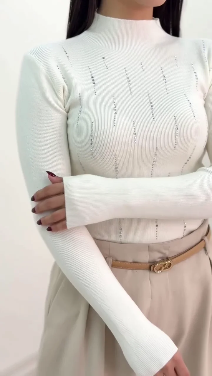 Women’s Elegant White Ribbed High Neck Top with Subtle Stone Detailing Slim Fit Winter Wear